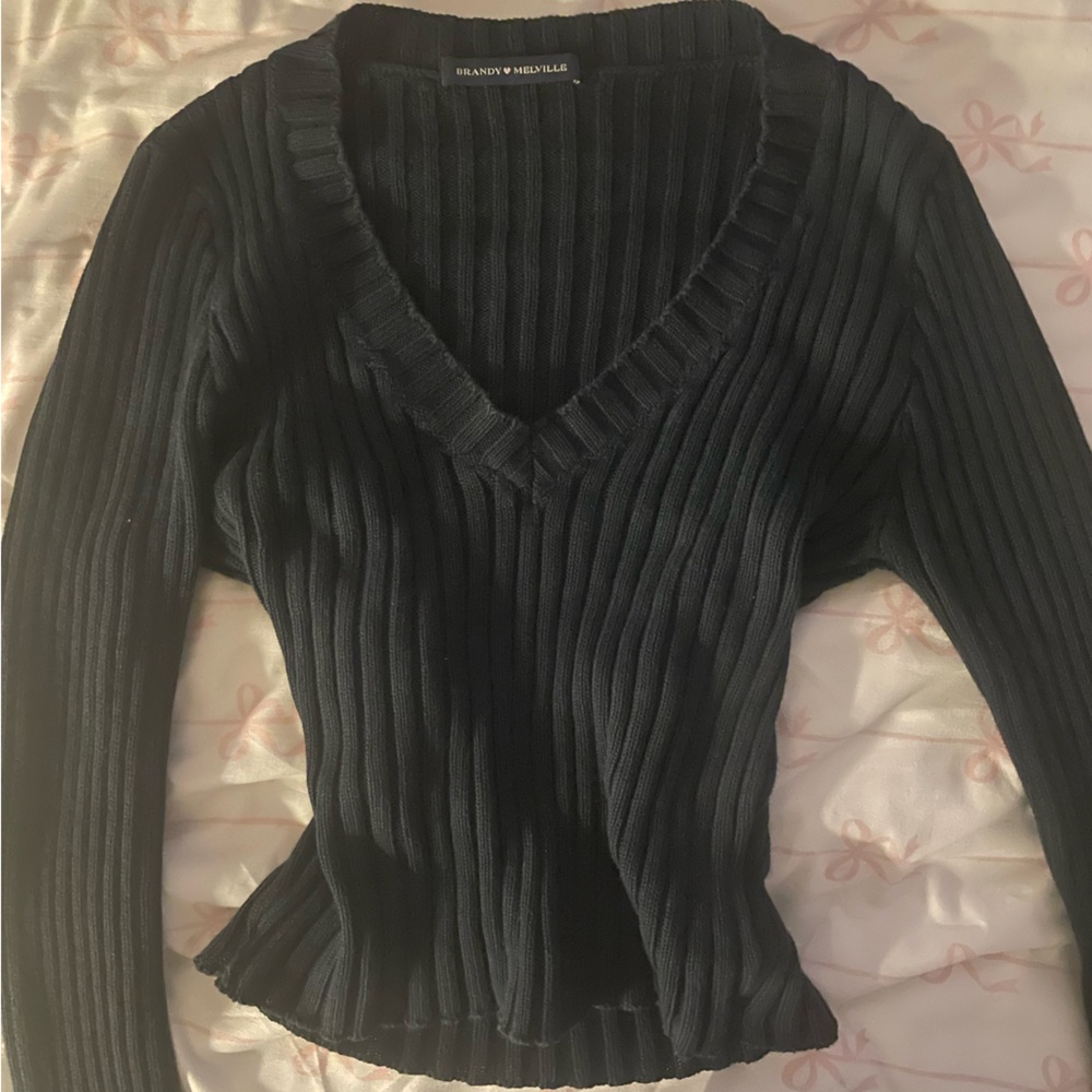 Black Ribbed V-Neck Sweater